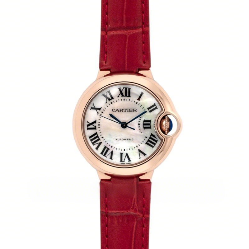 Cartier Ballon Bleu De Cartier 36mm White Dial with Roman Numeral Markers in Pink Gold on Red Leather Strap-fasswatch