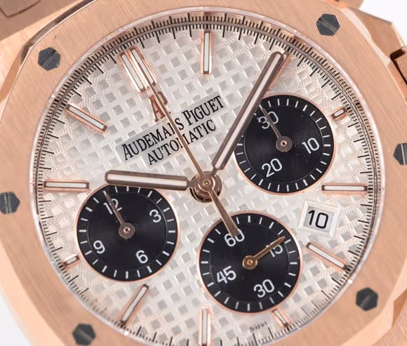 Audemars Piguet Royal Oak Self-Winding Chronograph White/Black Dial in Rose Gold on Leather Strap-fasswatch