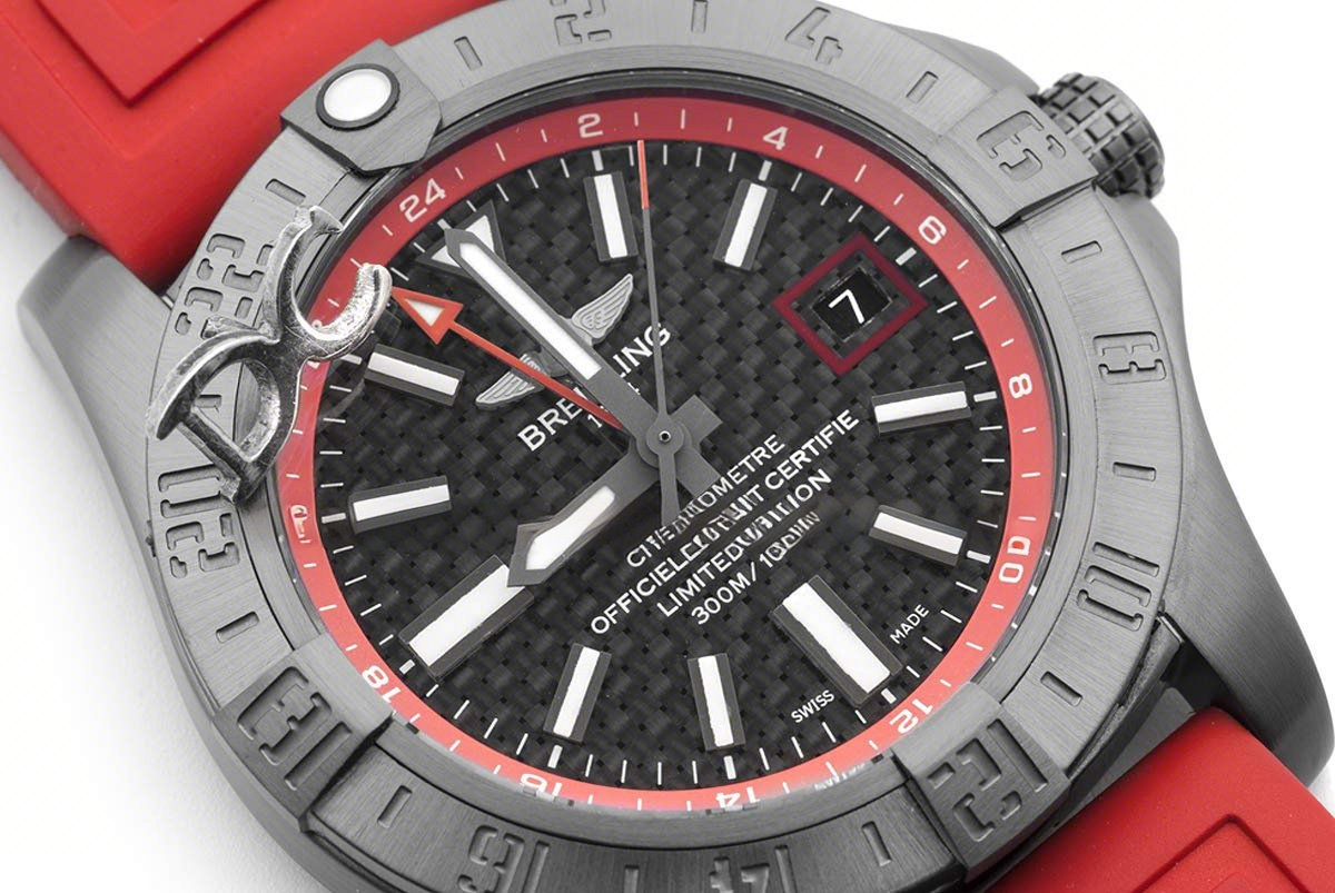 Breitling Avenger II GMT Carbon Fiber Dial in PVD Steel on Rubber Strap-fasswatch