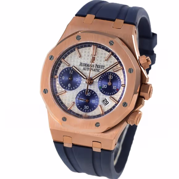 Audemars Piguet Royal Oak Self-Winding Chronograph White/Blue Dial in Rose Gold on Rubber Strap-fasswatch
