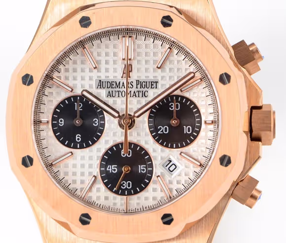 Audemars Piguet Royal Oak Self-Winding Chronograph White/Black Dial in Rose Gold on Leather Strap-fasswatch