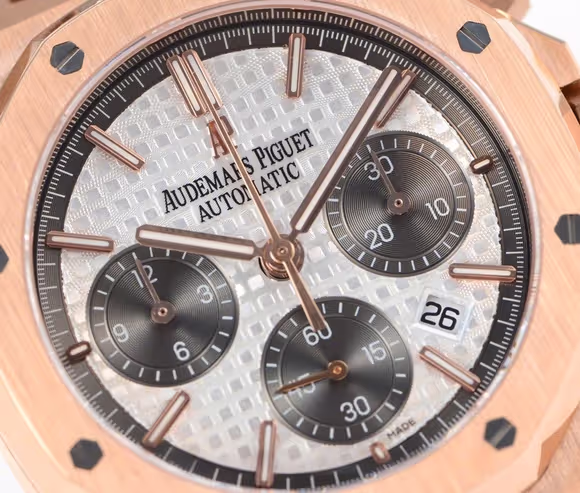Audemars Piguet Royal Oak Self-Winding Chronograph White/Grey Dial in Rose Gold on Leather Strap-fasswatch