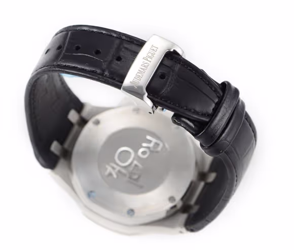 Audemars Piguet Royal Oak Self-Winding Chronograph Black Dial in Steel on Leather Strap-fasswatch