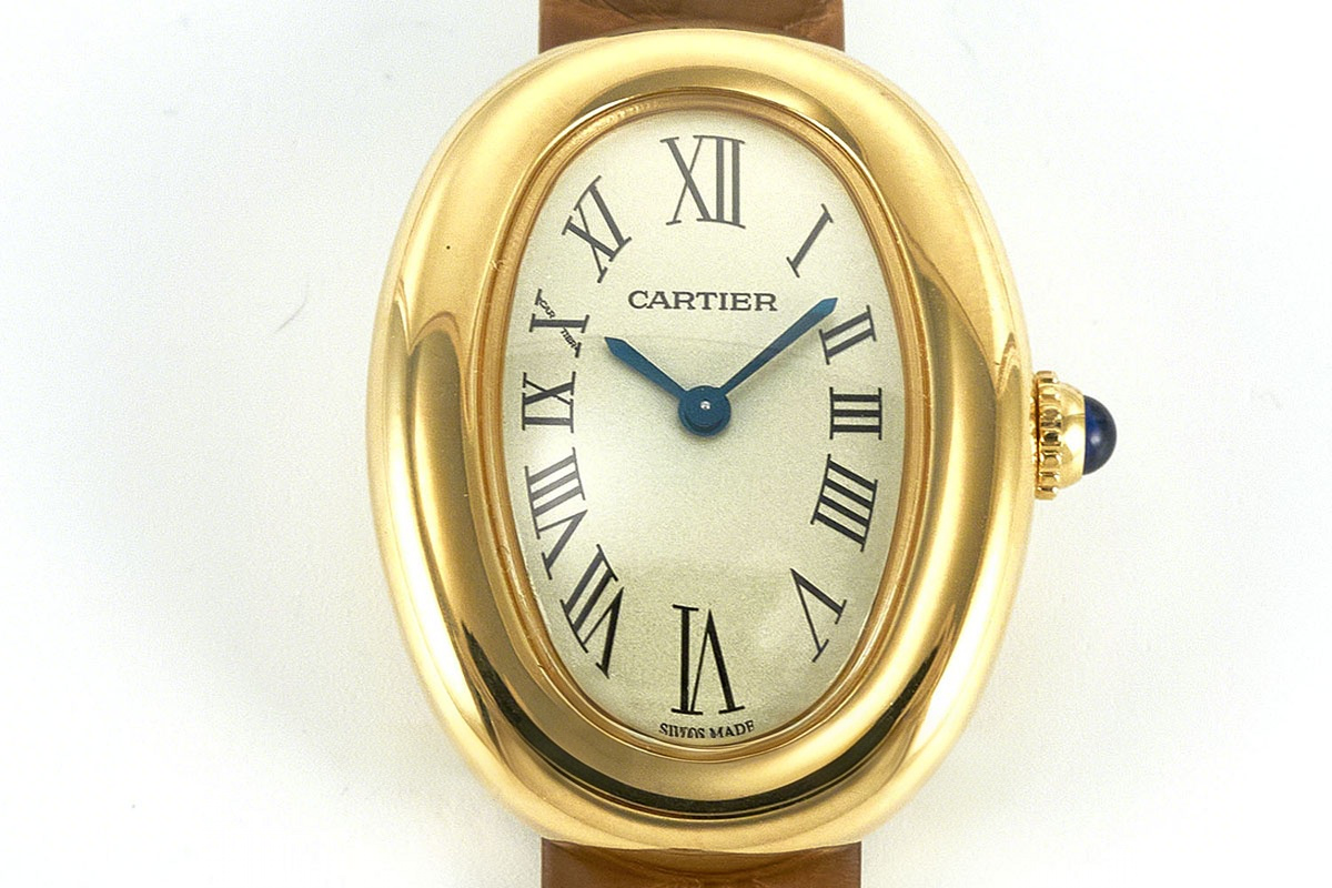 Cartier Baignoire Watch Mini Silver Dial in Yellow Gold on Brown Leather Strap-fasswatch