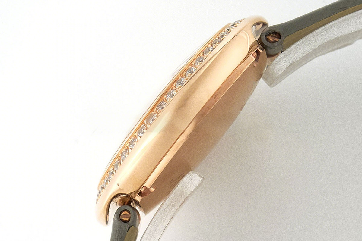 Cartier Ballon Blanc 30mm Silver Dial with Diamond Bezel in Rose Gold on Grey Leather Strap-fasswatch