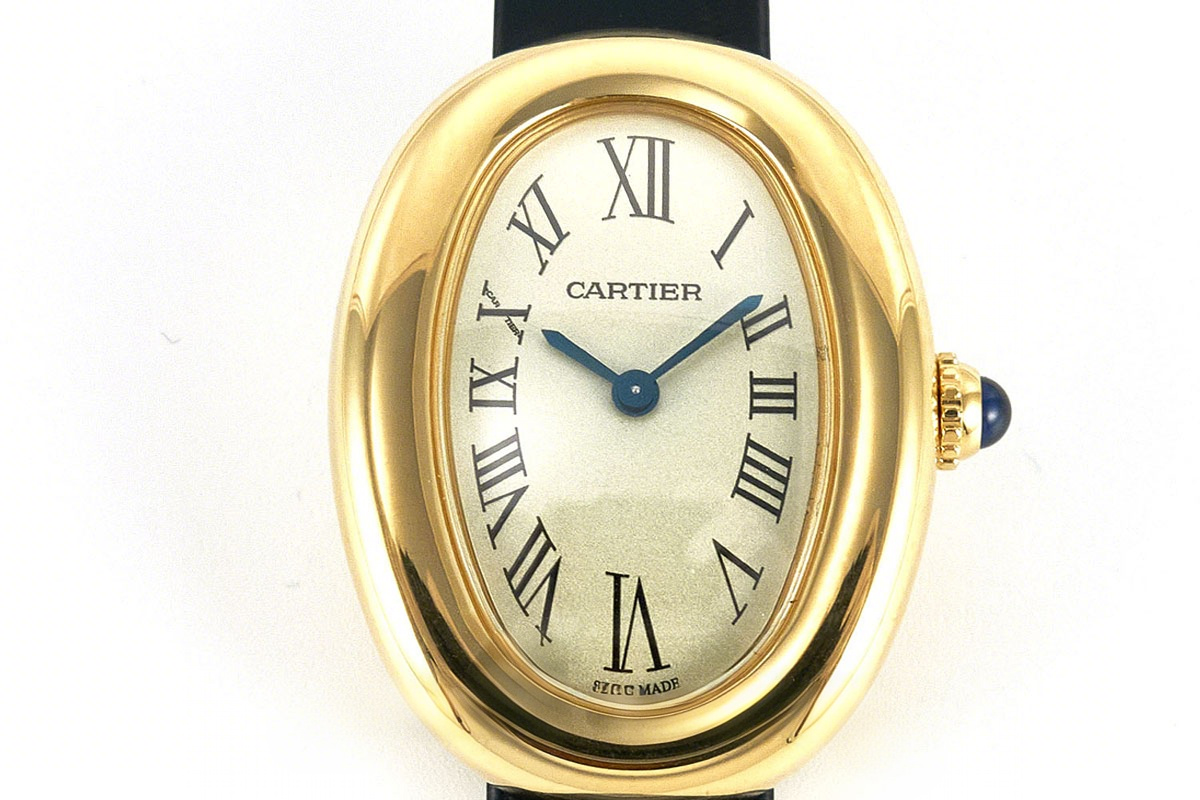 Cartier Baignoire Watch Mini Silver Dial in Yellow Gold on Black Leather Strap-fasswatch