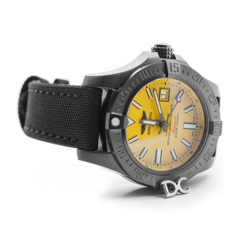 Breitling Avenger II Seawolf Blacksteel Yellow Dial in DLC Steel on Nylon Strap-fasswatch