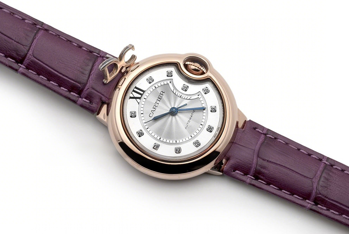 Cartier Ballon Bleu De Cartier 36mm White Dial with Diamond Markers in Pink Gold on Purple Leather Strap-fasswatch