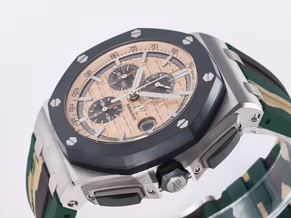 Audemars Piguet Royal Oak Offshore 44mm SS TKF 11 Best Edition Cream Dial on Green Camou Rubber Strap A3126-fasswatch