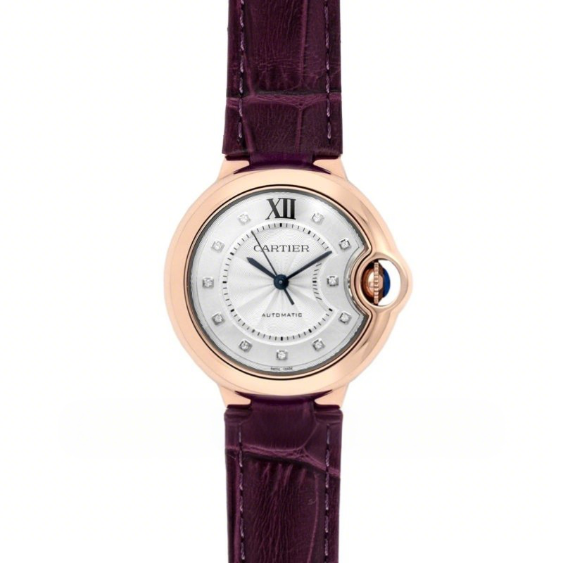 Cartier Ballon Bleu De Cartier 36mm White Dial with Diamond Markers in Pink Gold on Purple Leather Strap-fasswatch
