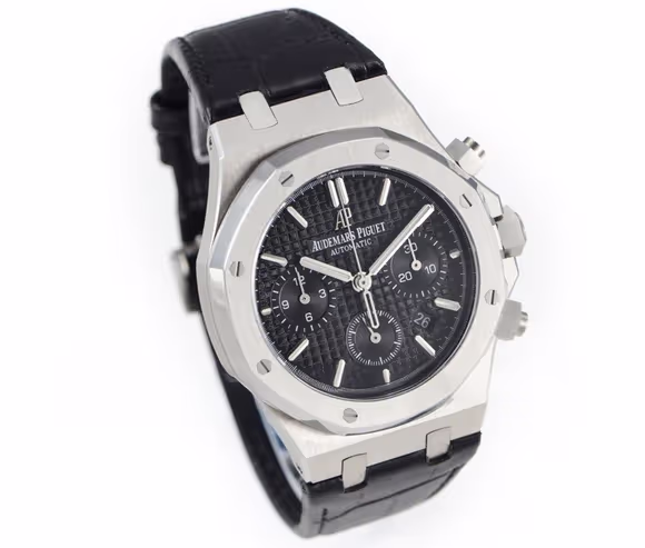 Audemars Piguet Royal Oak Self-Winding Chronograph Black Dial in Steel on Leather Strap-fasswatch