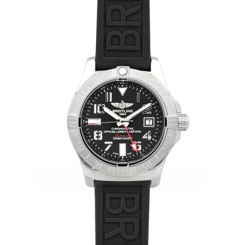 Breitling Avenger II GMT Black Dial in Steel on Rubber Strap-fasswatch