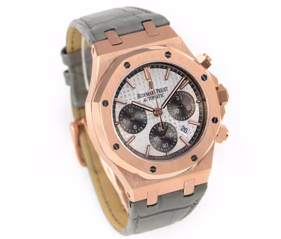 Audemars Piguet Royal Oak Self-Winding Chronograph White/Grey Dial in Rose Gold on Leather Strap-fasswatch