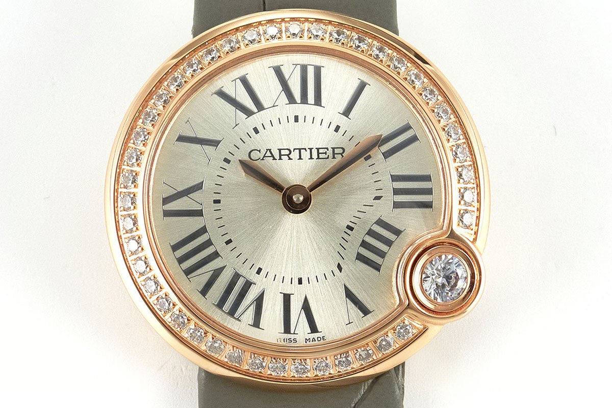 Cartier Ballon Blanc 30mm Silver Dial with Diamond Bezel in Rose Gold on Grey Leather Strap-fasswatch