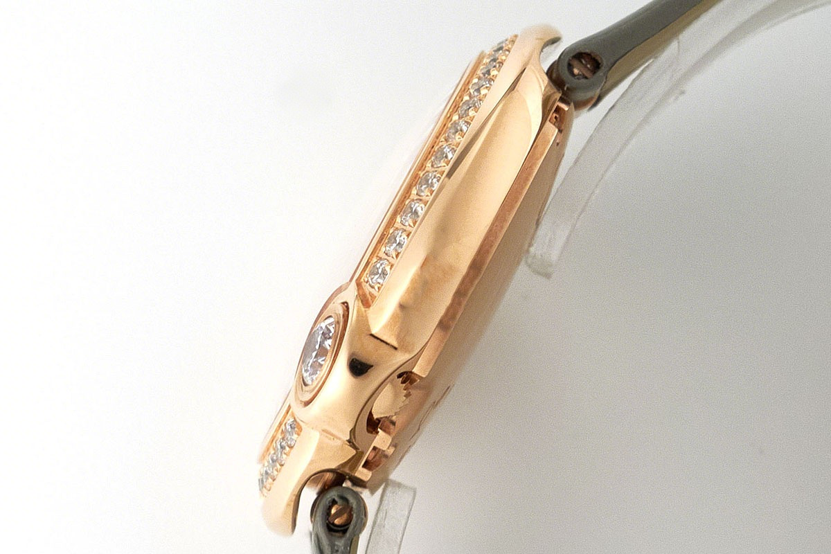 Cartier Ballon Blanc 30mm Silver Dial with Diamond Bezel in Rose Gold on Grey Leather Strap-fasswatch