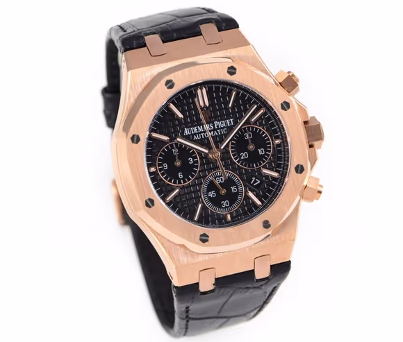 Audemars Piguet Royal Oak Self-Winding Chronograph Black Dial in Rose Gold on Leather Strap-fasswatch