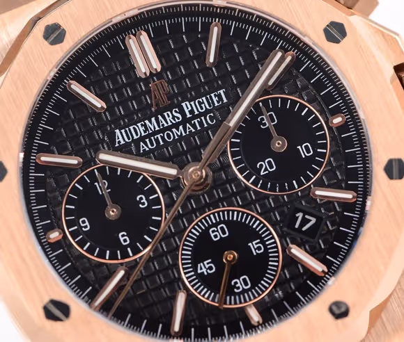 Audemars Piguet Royal Oak Self-Winding Chronograph Black Dial in Rose Gold on Leather Strap-fasswatch