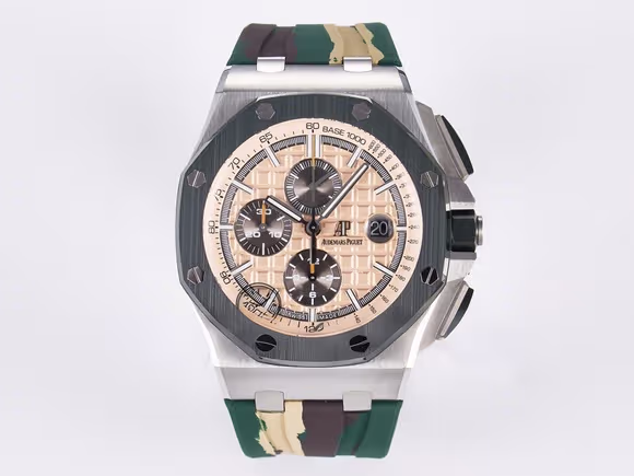 Audemars Piguet Royal Oak Offshore 44mm SS TKF 11 Best Edition Cream Dial on Green Camou Rubber Strap A3126-fasswatch