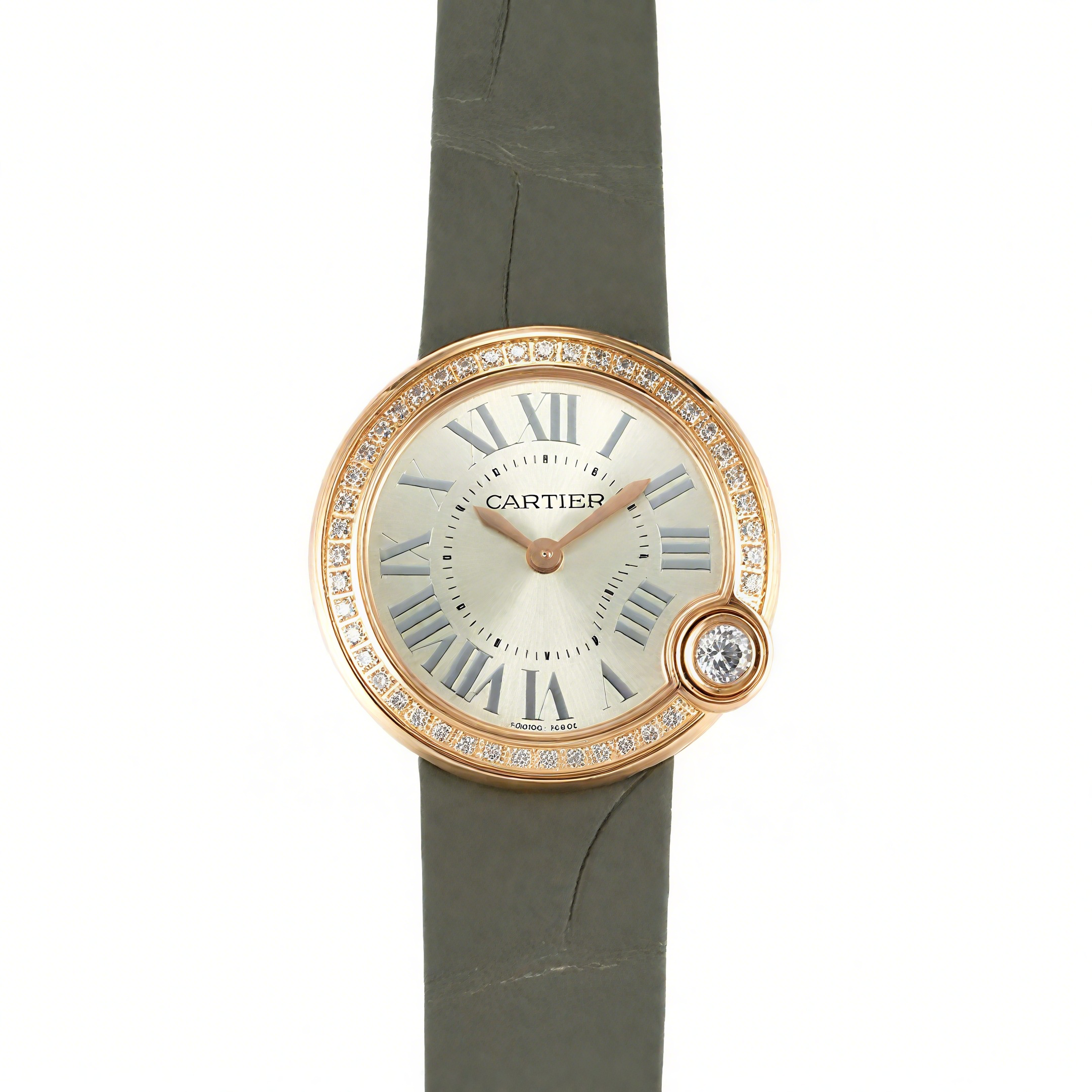 Cartier Ballon Blanc 30mm Silver Dial with Diamond Bezel in Rose Gold on Grey Leather Strap-fasswatch