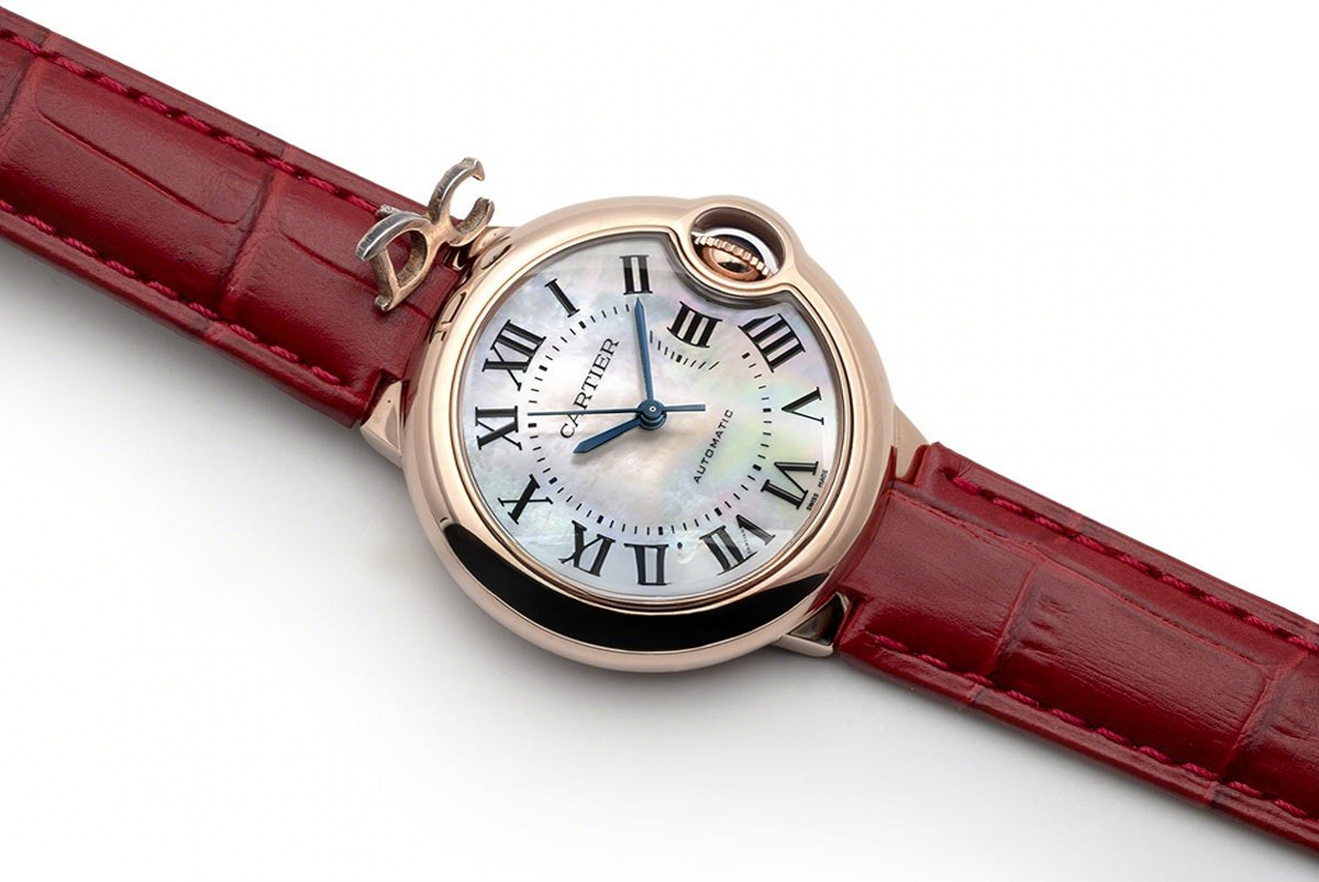 Cartier Ballon Bleu De Cartier 36mm White Dial with Roman Numeral Markers in Pink Gold on Red Leather Strap-fasswatch