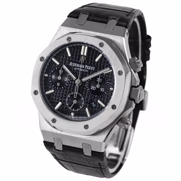Audemars Piguet Royal Oak Self-Winding Chronograph Black Dial in Steel on Leather Strap-fasswatch