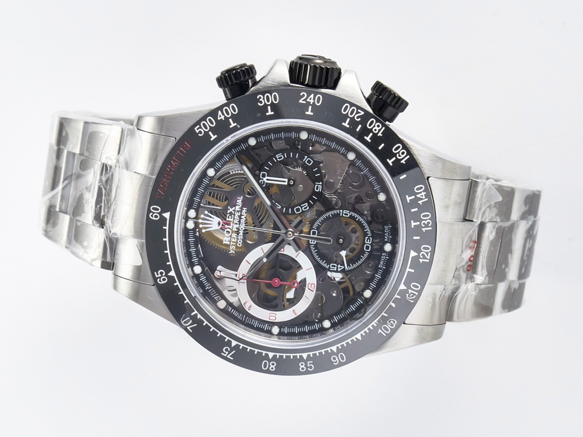 Rolex Daytona Artisans SS GETF Best Edition Skeleton Dial Black Ceramic Bezel on SS Bracelet DD4802-fasswatch