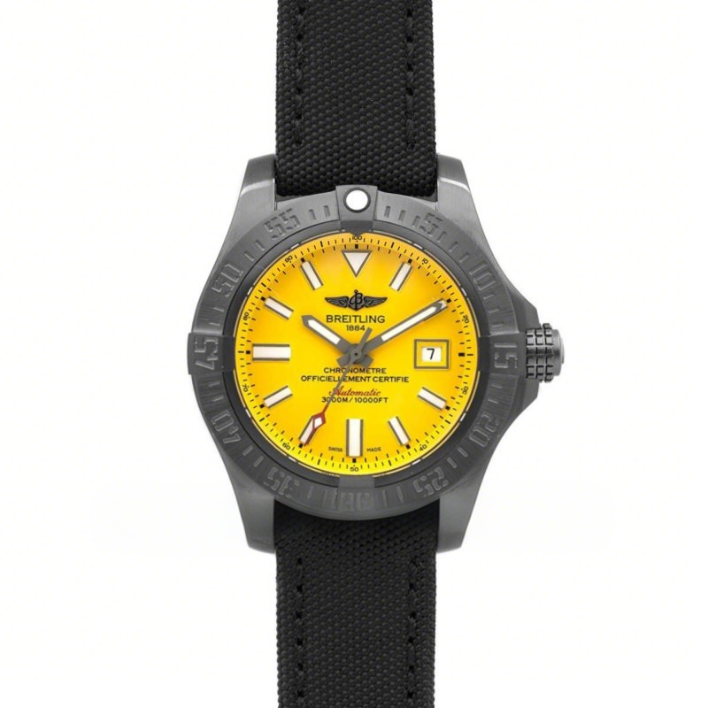 Breitling Avenger II Seawolf Blacksteel Yellow Dial in DLC Steel on Nylon Strap-fasswatch