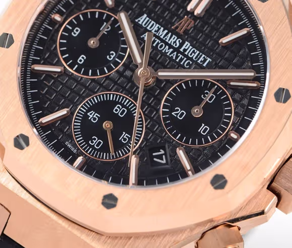 Audemars Piguet Royal Oak Self-Winding Chronograph Black Dial in Rose Gold on Leather Strap-fasswatch