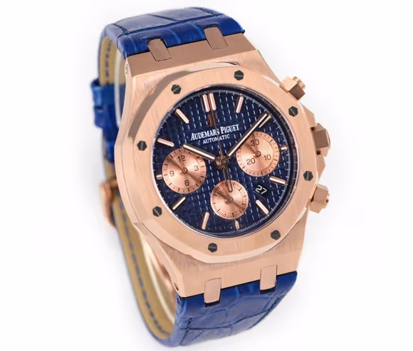Audemars Piguet Royal Oak Self-Winding Chronograph Blue/Rose Gold Dial in Rose Gold on Leather Strap-fasswatch
