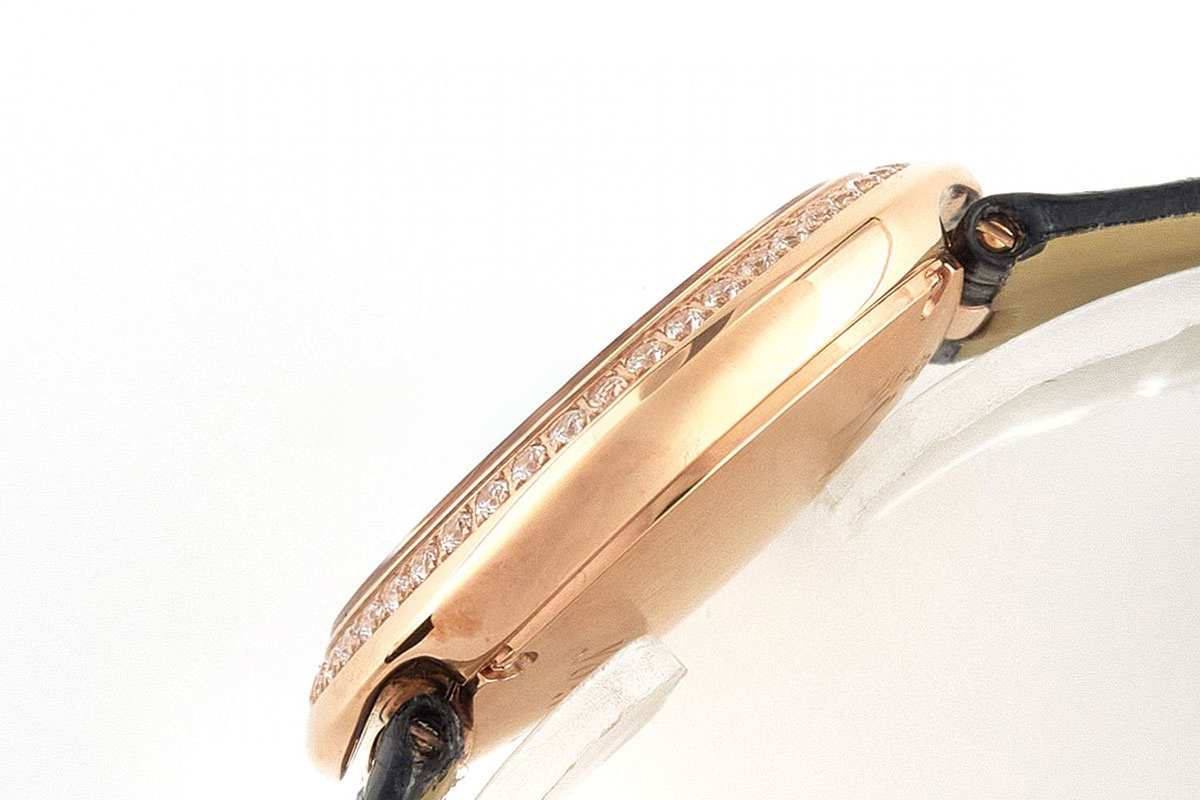 Cartier Ballon Blanc 30mm Silver Dial with Diamond Bezel in Rose Gold on Black Leather Strap-fasswatch