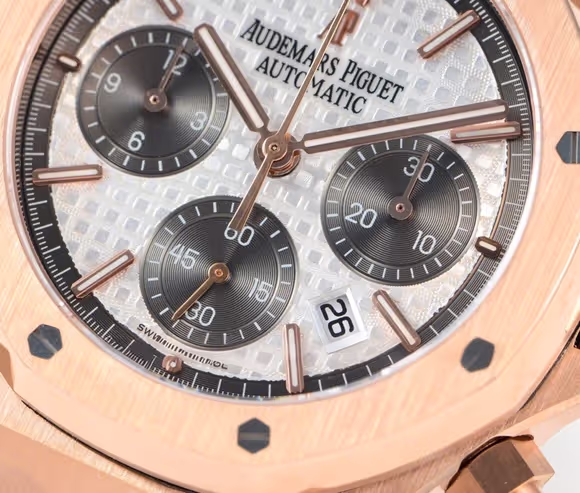 Audemars Piguet Royal Oak Self-Winding Chronograph White/Grey Dial in Rose Gold on Leather Strap-fasswatch
