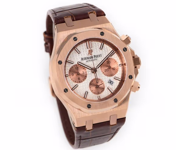 Audemars Piguet Royal Oak Self-Winding Chronograph White/Rose Gold Dial in Rose Gold on Leather Strap-fasswatch