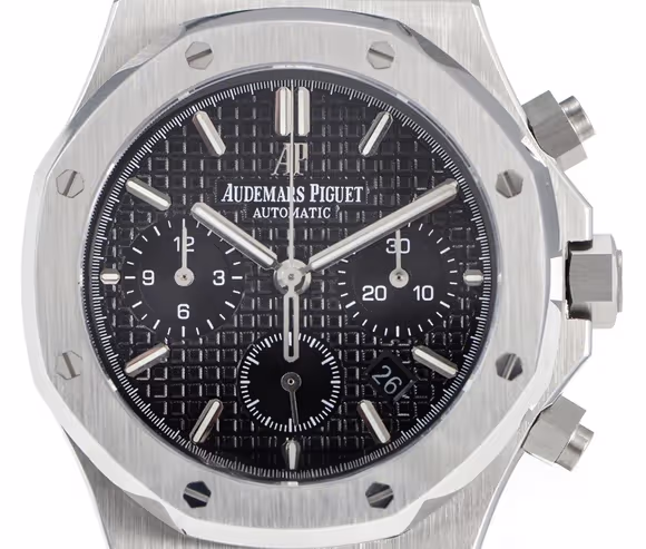 Audemars Piguet Royal Oak Self-Winding Chronograph Black Dial in Steel on Leather Strap-fasswatch