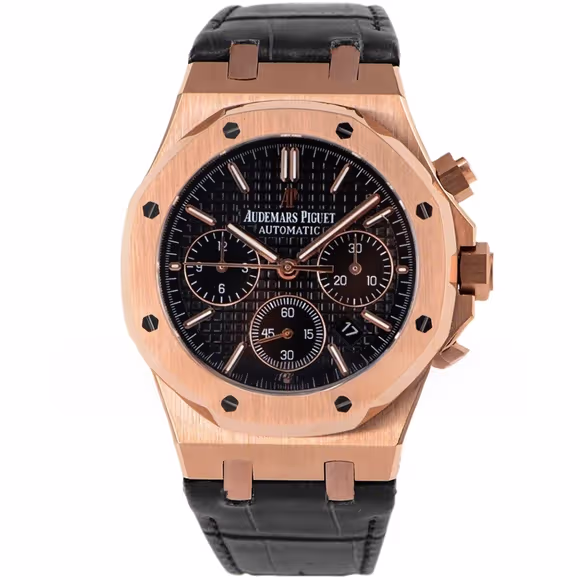 Audemars Piguet Royal Oak Self-Winding Chronograph Black Dial in Rose Gold on Leather Strap-fasswatch