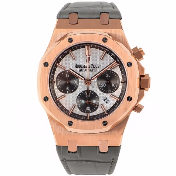 Audemars Piguet Royal Oak Self-Winding Chronograph White/Grey Dial in Rose Gold on Leather Strap-fasswatch