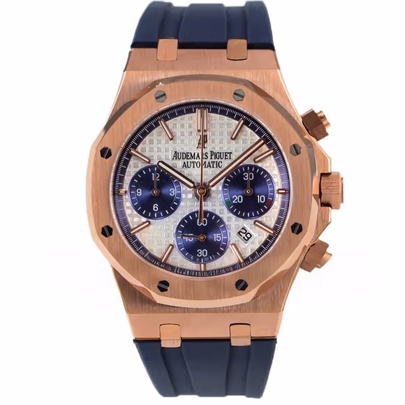 Audemars Piguet Royal Oak Self-Winding Chronograph White/Blue Dial in Rose Gold on Rubber Strap-fasswatch