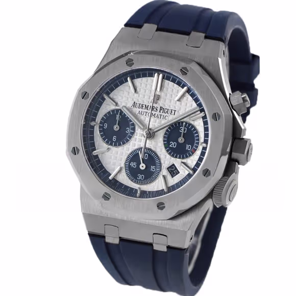 Audemars Piguet Royal Oak Self-Winding Chronograph White/Blue Dial in Steel on Rubber Strap-fasswatch