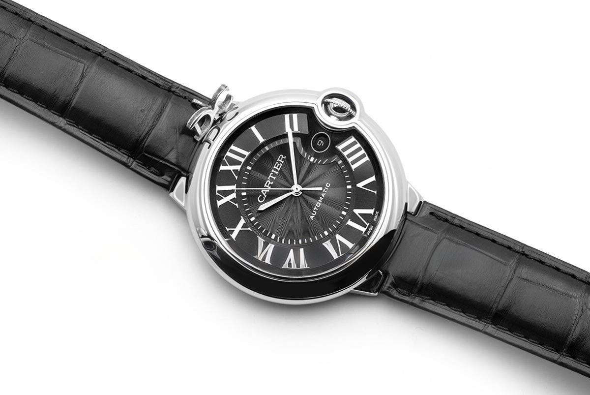 Cartier Ballon Bleu De Cartier 42mm Black Dial in Steel on Black Leather Strap-fasswatch