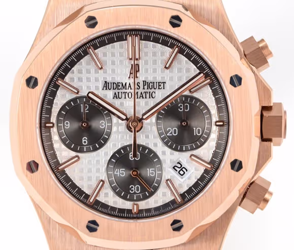 Audemars Piguet Royal Oak Self-Winding Chronograph White/Grey Dial in Rose Gold on Leather Strap-fasswatch