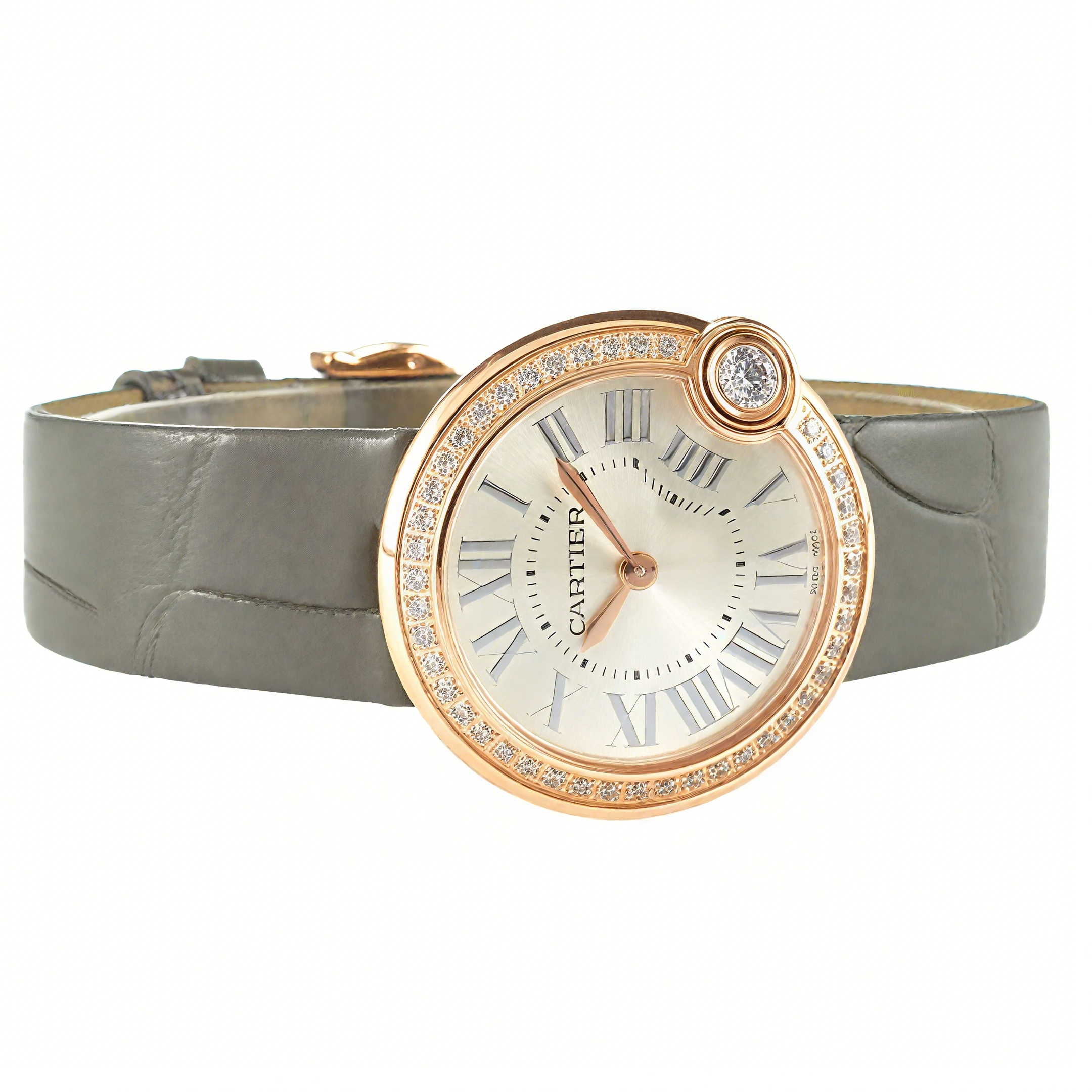 Cartier Ballon Blanc 30mm Silver Dial with Diamond Bezel in Rose Gold on Grey Leather Strap-fasswatch