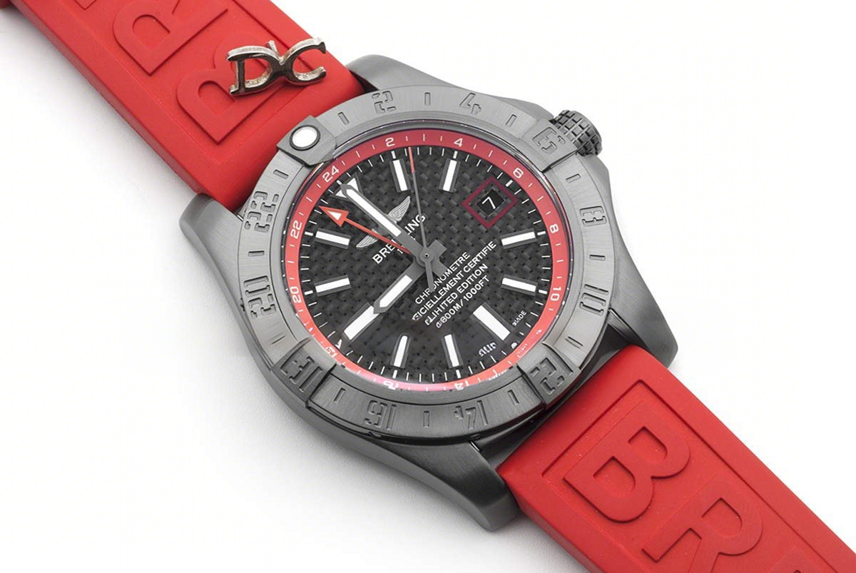 Breitling Avenger II GMT Carbon Fiber Dial in PVD Steel on Rubber Strap-fasswatch