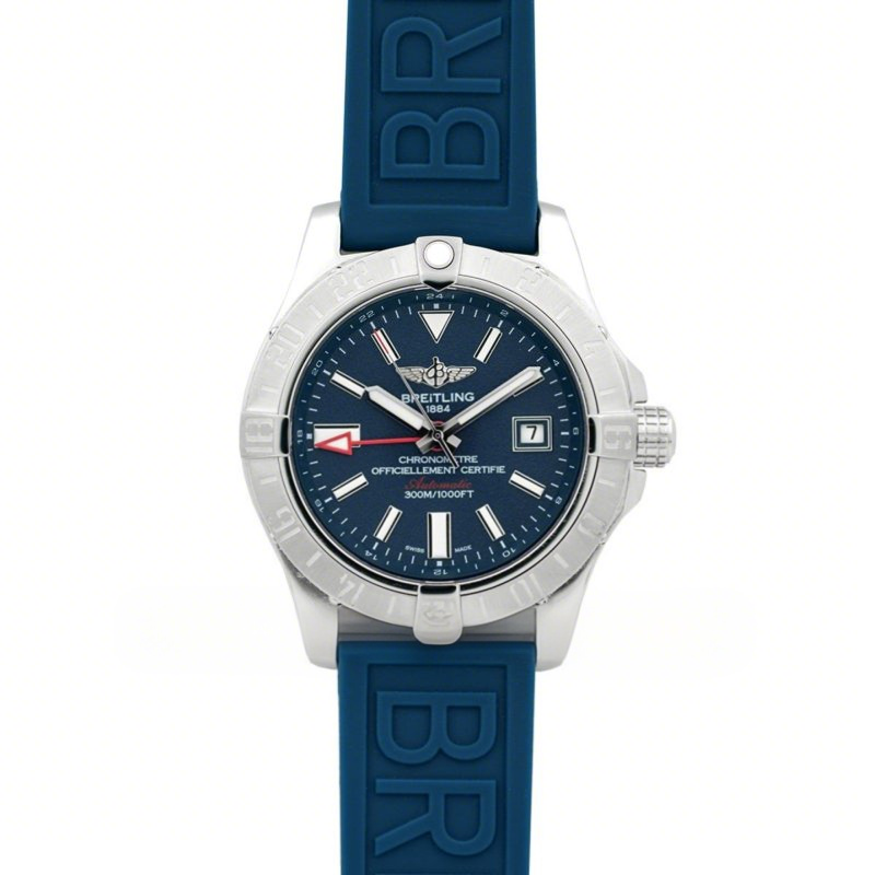 Breitling Avenger II GMT Blue Dial in Steel on Rubber Strap-fasswatch