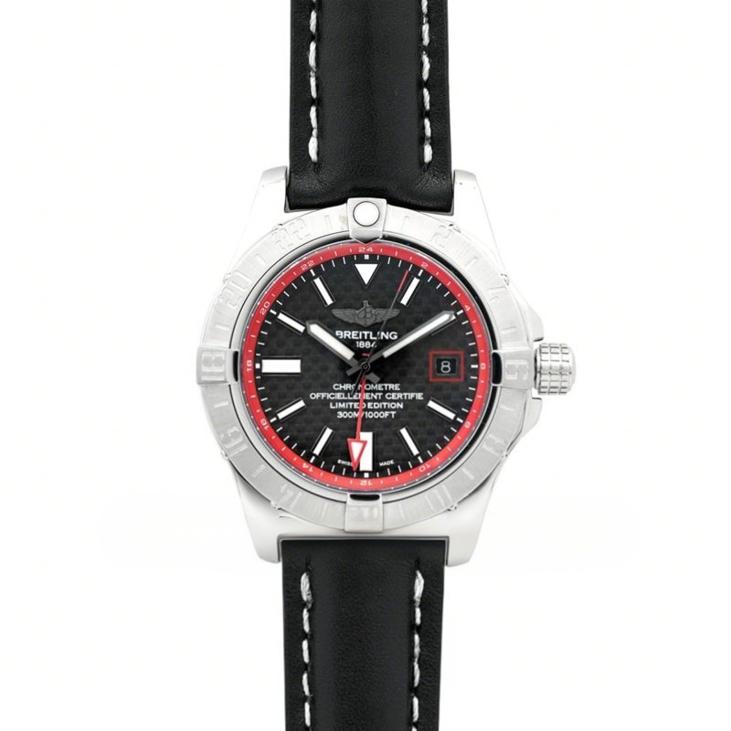 Breitling Avenger II GMT Carbon Fiber Dial in Steel on Leather Strap-fasswatch