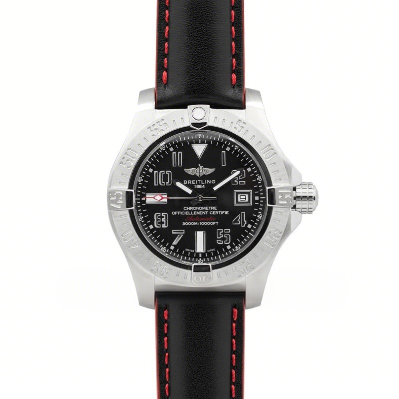 Breitling Avenger II Seawolf Black Dial in Steel on Leather Strap-fasswatch