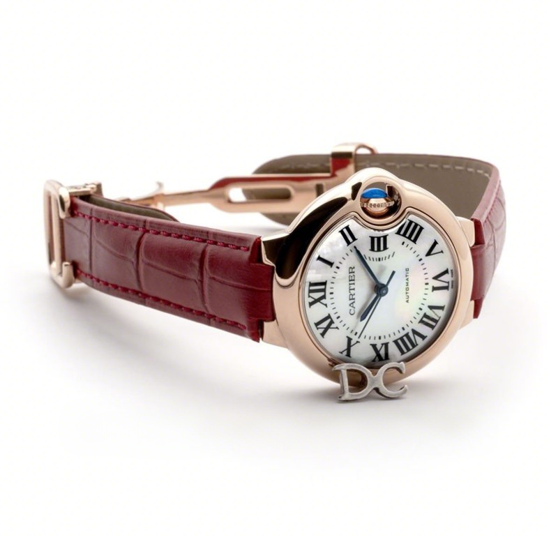 Cartier Ballon Bleu De Cartier 36mm White Dial with Roman Numeral Markers in Pink Gold on Red Leather Strap-fasswatch