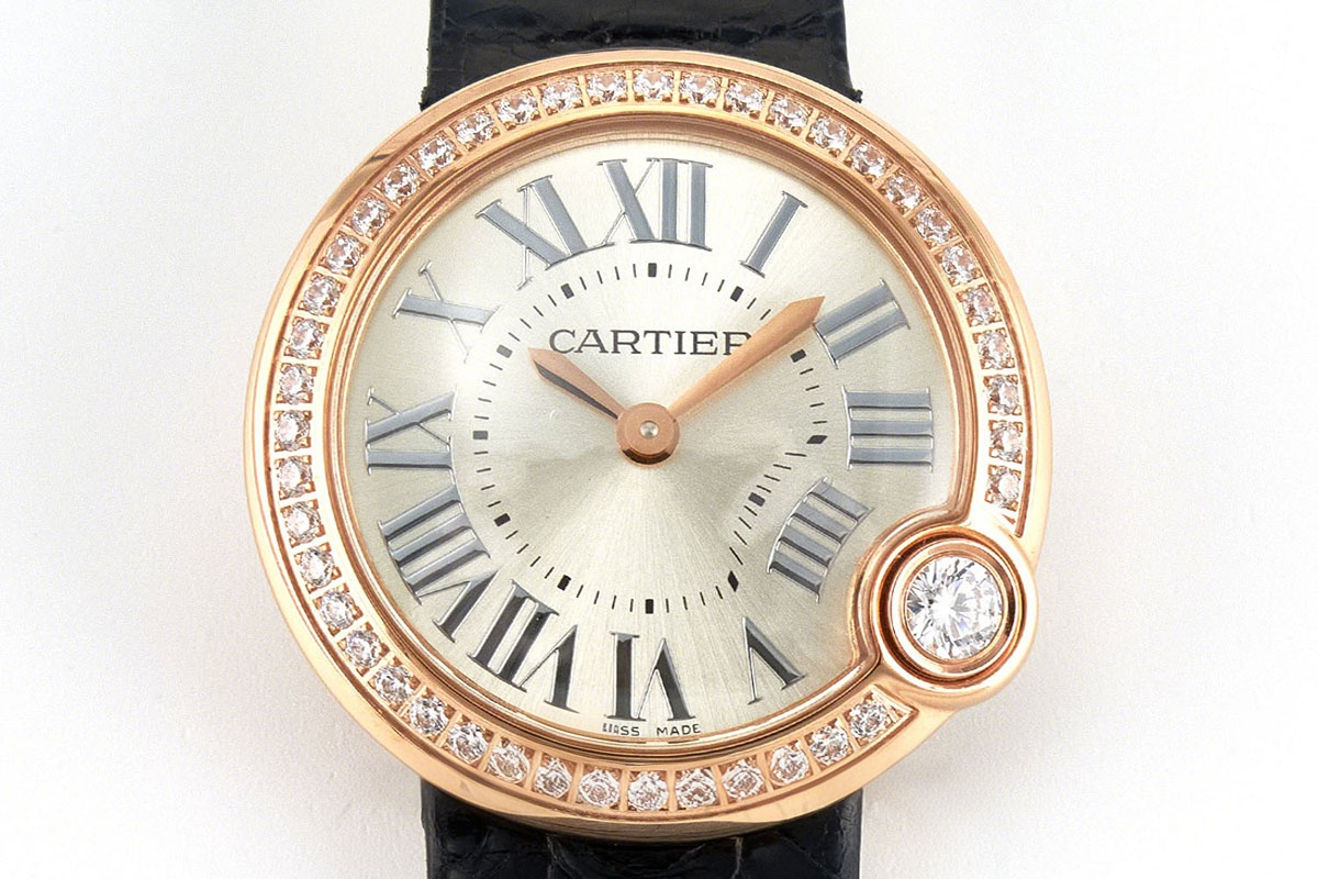Cartier Ballon Blanc 30mm Silver Dial with Diamond Bezel in Rose Gold on Black Leather Strap-fasswatch