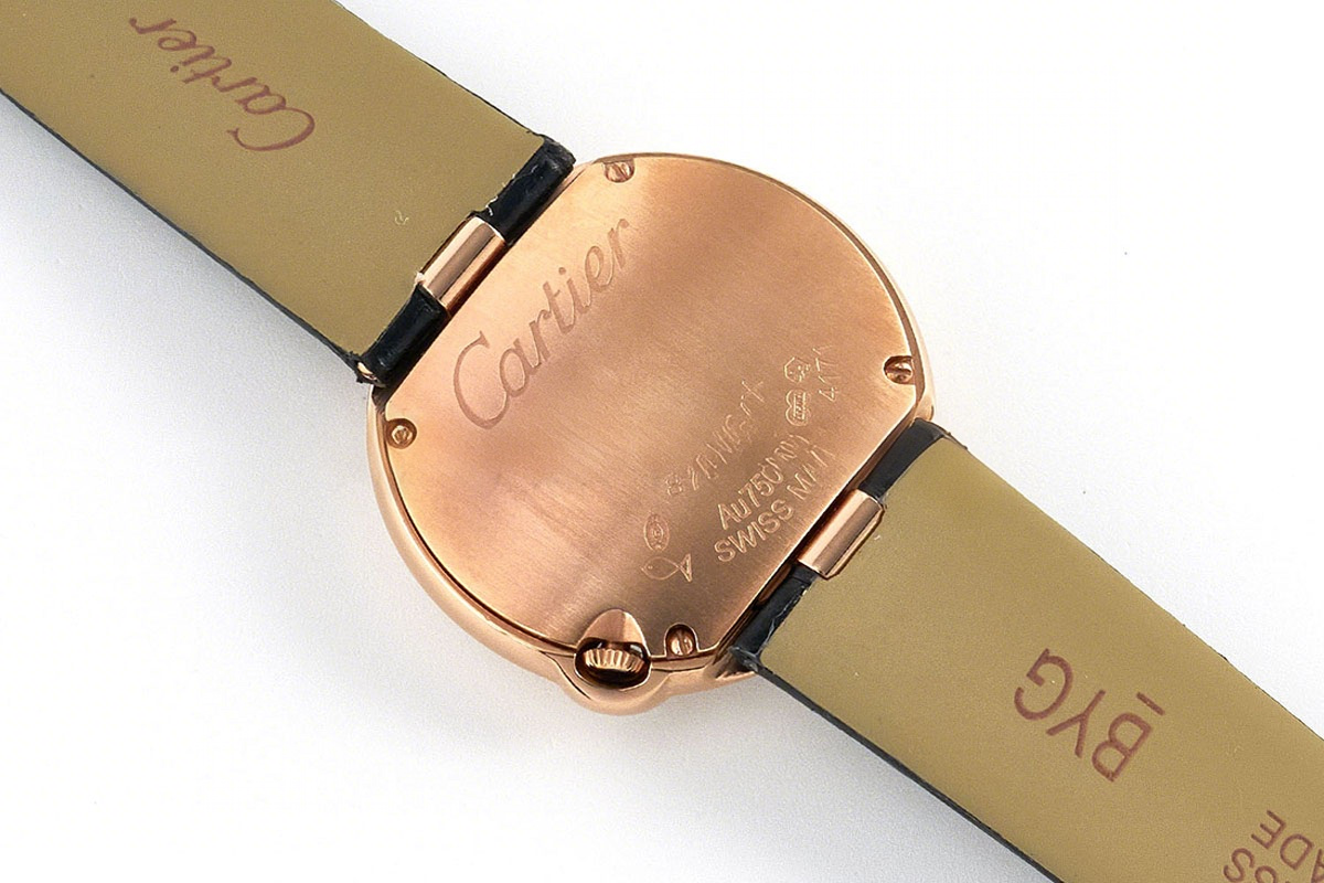 Cartier Ballon Blanc 30mm Silver Dial with Diamond Bezel in Rose Gold on Black Leather Strap-fasswatch