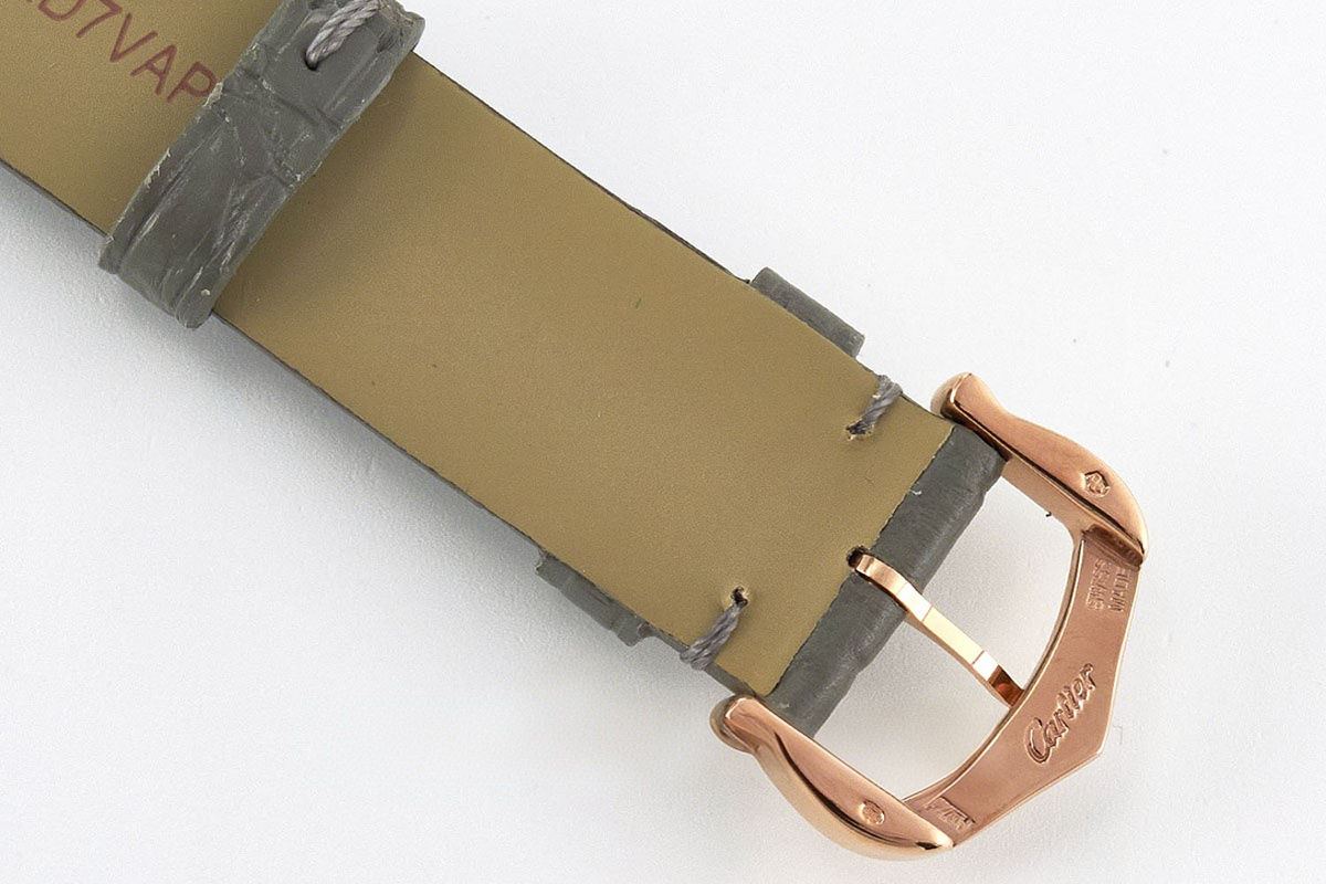 Cartier Ballon Blanc 30mm Silver Dial with Diamond Bezel in Rose Gold on Grey Leather Strap-fasswatch