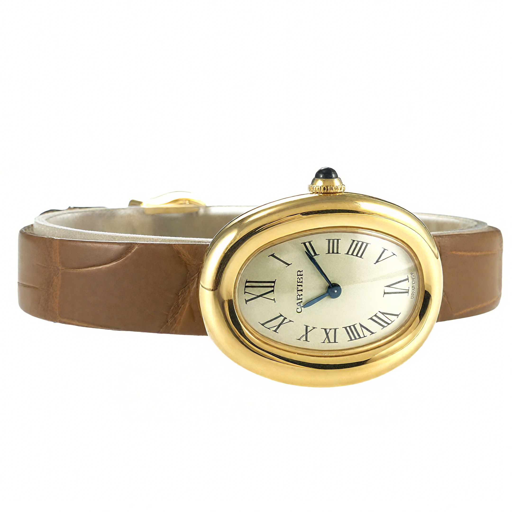 Cartier Baignoire Watch Mini Silver Dial in Yellow Gold on Brown Leather Strap-fasswatch
