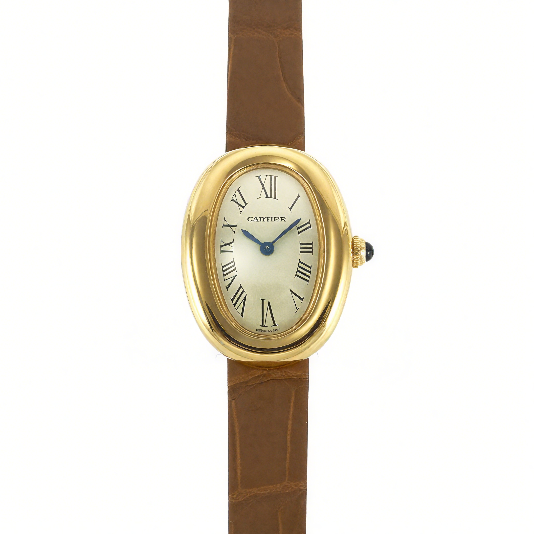 Cartier Baignoire Watch Mini Silver Dial in Yellow Gold on Brown Leather Strap-fasswatch